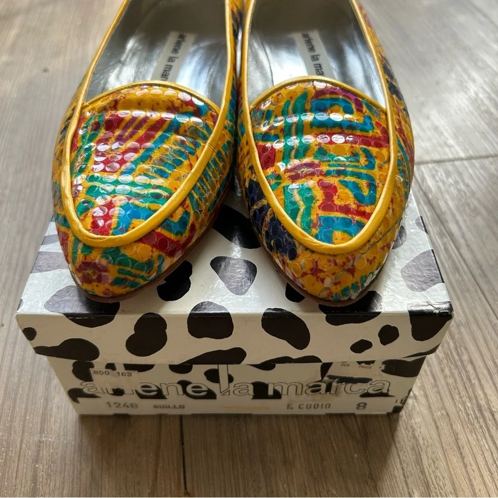 NWT Vintage Arlene La Marca yellow multicolored leather pointedtoe shoes. Sz 38.